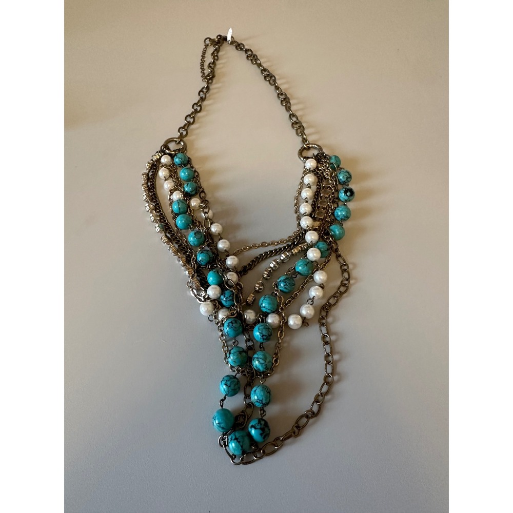Multi Strand Turquoise Faux Pearl Rhinestone Gold Tone Statement Necklace